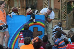 Rainbow Express in Action at a central Arlington location - using puppets to teach God's Word.